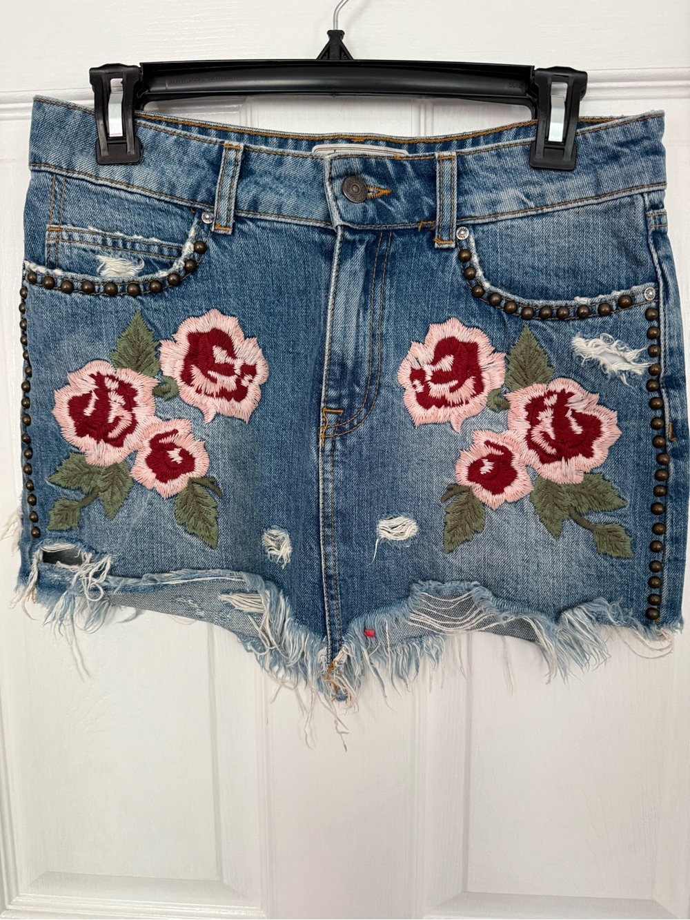 Free People Blue Denim Floral Embroidered Jean Shorts